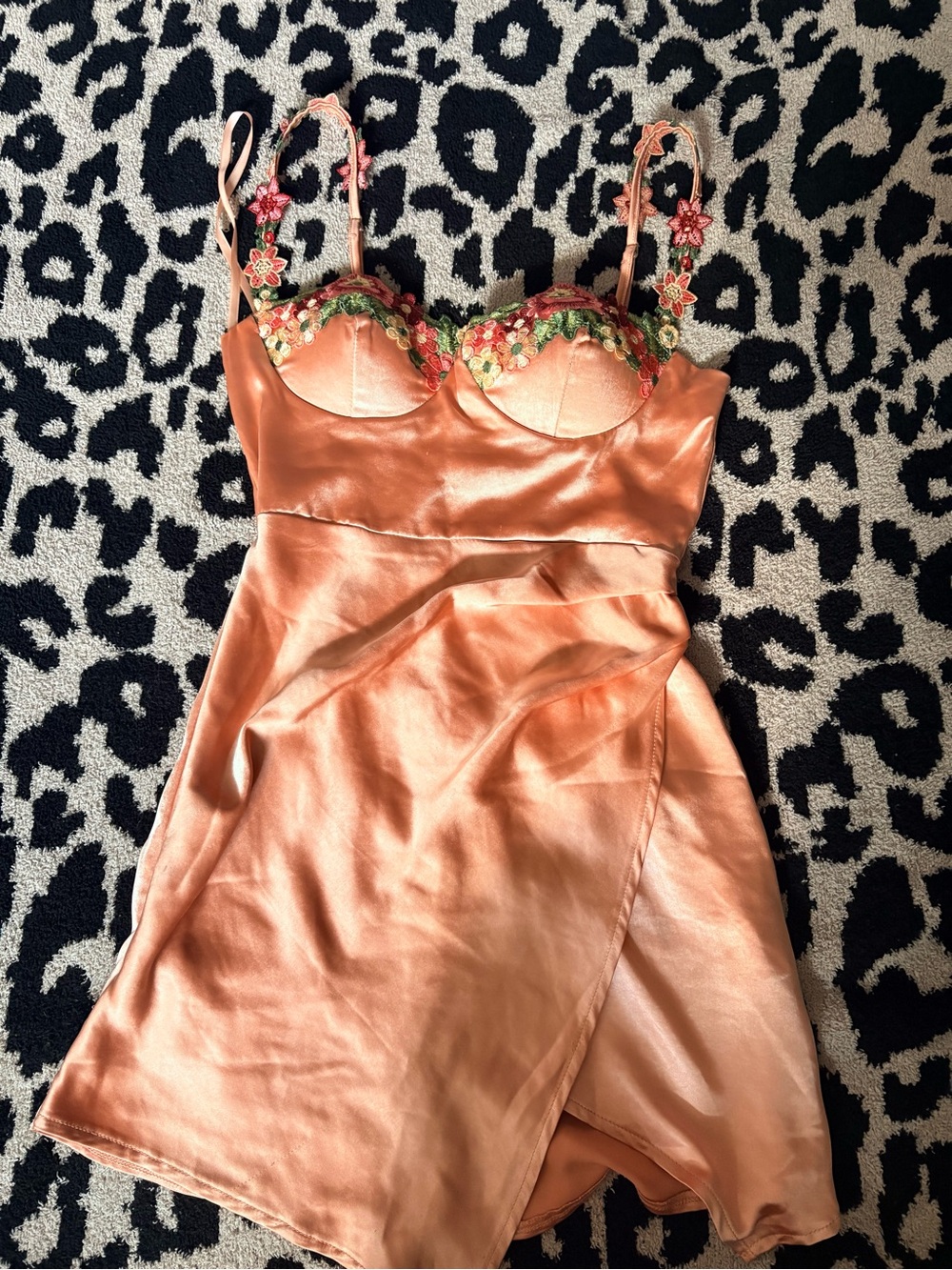 Embroidered Strap Satin Mini Dress in Peach
